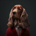 Realistic lifelike English Cocker Spaniel dog puppy in dapper high end luxury formal suit and shirt