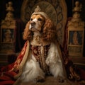 Realistic lifelike English cocker spaniel dog puppy in renaissance regal medieval noble royal outfits