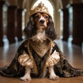 Realistic lifelike English cocker spaniel dog puppy in renaissance regal medieval noble royal outfits