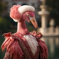 Realistic lifelike flamingo bird in renaissance regal medieval noble royal outfits