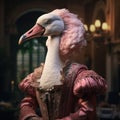 Realistic lifelike flamingo bird in renaissance regal medieval noble royal outfits