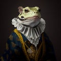 Realistic lifelike frog in renaissance regal medieval noble royal outfits, commercial, editorial advertisement