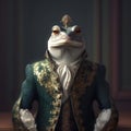 Realistic lifelike frog toad in renaissance regal medieval noble royal outfits, commercial, editorial advertisement
