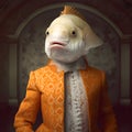 Realistic lifelike goldfish fish in renaissance regal medieval noble royal outfits