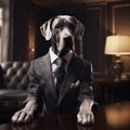 Realistic lifelike Great Dane dog puppy in dapper high end luxury formal suit and shirt