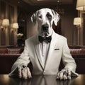 Realistic lifelike Great Dane dog puppy in dapper high end luxury formal suit and shirt