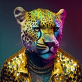 Realistic lifelike jaguar in disco neon glitter bright outfits, surreal surrealism, Generative AI