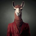 Realistic lifelike llama in dapper high end luxury formal suit and shirt, commercial, editorial advertisement