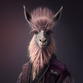 Realistic lifelike llama in punk rock rockstar leather outfits, surreal surrealism. generative ai