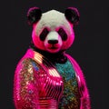 Realistic lifelike panda bear in disco neon glitter bright outfits, surreal surrealism, Generative AI