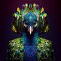 Realistic lifelike peacock bird in disco neon glitter bright outfits, surreal surrealism, Generative AI