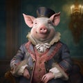 Realistic lifelike pig in renaissance regal medieval noble royal outfits. 18th-century historical. Generative AI