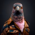 Realistic lifelike pigeon bird in punk rock rockstar leather outfits, surreal surrealism. Generative AI