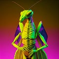 Realistic lifelike praying mantis fluorescent electric highlighters ultra-bright neon. Generative AI