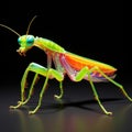 Realistic lifelike praying mantis in fluorescent electric highlighters ultra-bright neon outfits, commercial