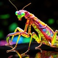 Realistic lifelike praying mantis in fluorescent electric highlighters ultra-bright neon outfits, commercial