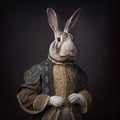 Realistic lifelike rabbit bunny in renaissance regal medieval noble royal outfits, commercial, editorial advertisement