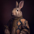 Realistic lifelike rabbit bunny in renaissance regal medieval noble royal outfits. 18th-century historical. Generative AI