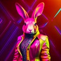 Realistic lifelike rabbit hare in fluorescent electric highlighters ultra-bright neon outfits. generative ai