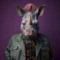 Realistic lifelike rhino rhinoceros in punk rock rockstar leather outfits, surreal surrealism, Generative AI