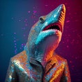 Realistic lifelike shark in disco neon glitter bright outfits, surreal surrealism, Generative AI