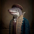 Realistic lifelike shark in renaissance regal medieval noble royal outfits. 18th-century historical. generative ai