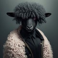 Realistic lifelike sheep lamb in punk rock rockstar leather outfits, surreal surrealism. Generative AI