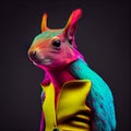 Realistic lifelike squirrel fluorescent electric highlighters ultra-bright neon outfits, commercial, editorial. Generative AI