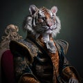 Realistic lifelike tiger in renaissance regal medieval noble royal outfits. 18th-century historical. Generative AI