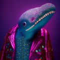 Realistic lifelike whale in disco neon glitter bright outfits, surreal surrealism, Generative AI