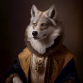 Realistic lifelike wolf in renaissance regal medieval noble royal outfits, 18th-century historical. Generative AI