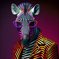 Realistic lifelike zebra in fluorescent electric highlighters ultra-bright neon outfits. 80s Era comeback. generative ai