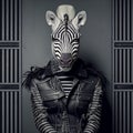 Realistic lifelike zebra in punk rock rockstar leather outfits, surreal surrealism, Generative AI