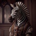 Realistic lifelike zebra in renaissance regal medieval noble royal outfits, 18th-century historical. Generative AI