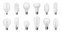 Realistic light bulb. Different types of energy efficient, fluorescent, halogen, incandescent and LED bulbs symbols Royalty Free Stock Photo