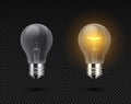 Realistic light bulb. Glowing yellow and white incandescent filament lamps, electricity on and of template. Vector light Royalty Free Stock Photo