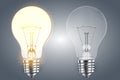 Realistic light bulb. Glowing yellow and white incandescent filament lamps, electricity on and of template. Vector 3D light bulbs Royalty Free Stock Photo