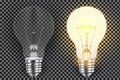 Realistic light bulb. Glowing yellow and white incandescent filament lamps, electricity on and of template. Vector 3D light bulbs Royalty Free Stock Photo