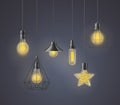 Realistic light bulb hanging vintage set for loft style decor Royalty Free Stock Photo