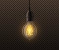 Realistic light bulb. Vintage edison glowing lamp, incandescent illumination, electrical equipment, inspiration and Royalty Free Stock Photo