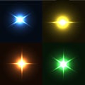 Realistic light glare sparkle, highlight set. Collection of beautiful bright lens flares. Lighting effects of flash. Royalty Free Stock Photo