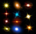 Realistic light glare sparkle, highlight set. Collection of beautiful bright lens flares.