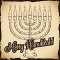 Realistic Lighted Hanukka Chanukiah in Hand Drawn Style, Vector Illustration