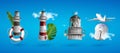 Realistic lighthouse in the night sky background. Vector illustration EPS10. The light effect of a lighthouse isolated