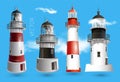 Realistic lighthouse in the night sky background. Vector illustration EPS10. The light effect of a lighthouse isolated