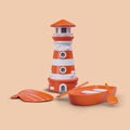 Realistic lighthouse, orange shell, and boat with oars on orange background