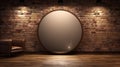 Realistic Lighting: Circular Mirror And Oak Chair In Brick Wall Setting Royalty Free Stock Photo