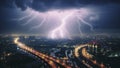 Realistic lightning bolts flashes composition with view of night city sky with clouds and thunderbolt illustration Royalty Free Stock Photo