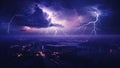 Realistic lightning bolts flashes composition with view of night city sky with clouds and thunderbolt illustration Royalty Free Stock Photo