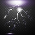 Realistic lightning on checkered background. Bright, electric and magic effects on a transparent backgroun. Royalty Free Stock Photo